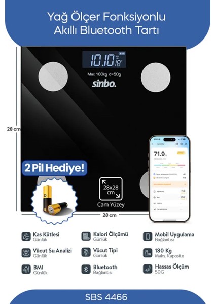 SBS-4466 Bluetooth Dijital Yağ Su Kas Vücut Kitle Endeksi Kilo Ölçer Tartı Baskül