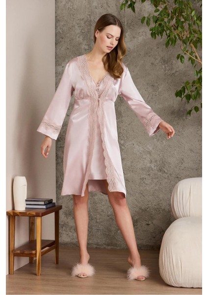 Saten Gecelik Sabahlık Pijama Takım Şort Takım 6'lı Gelin Çeyiz Seti - 6010 Pudra