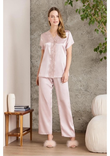 Saten Gecelik Sabahlık Pijama Takım Şort Takım 6'lı Gelin Çeyiz Seti - 6010 Pudra