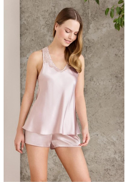 Saten Gecelik Sabahlık Pijama Takım Şort Takım 6'lı Gelin Çeyiz Seti - 6010 Pudra