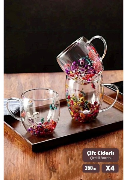 4'lü Çift Cidarlı Çiçekli 250ML El Yapımı Kulplu Cam Bardak Seti