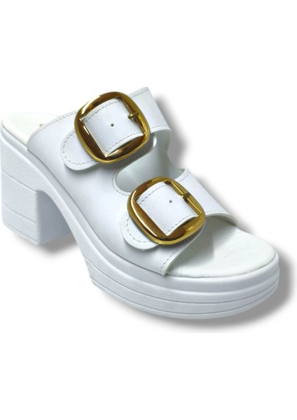 K505-25 Deri Anatomik Çift Bant Dolgu Topuklu Kadın Terlik