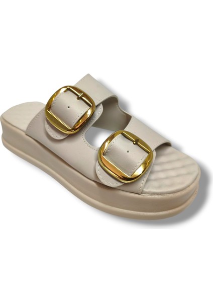 K105-25 Deri Anatomik Çift Bant Dolgu Taban Kadın Terlik