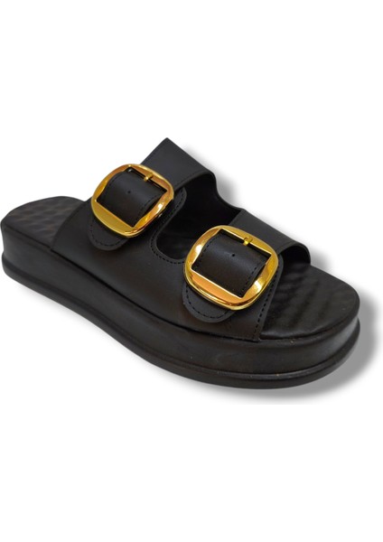 K105-25 Deri Anatomik Çift Bant Dolgu Taban Kadın Terlik