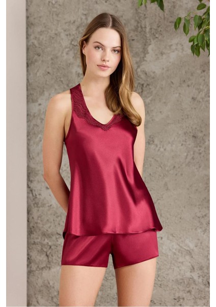 Saten Gecelik Sabahlık Pijama Takım Şort Takım 6'lı Gelin Çeyiz Seti - 6010 Bordo