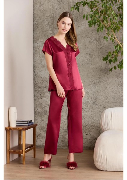 Saten Gecelik Sabahlık Pijama Takım Şort Takım 6'lı Gelin Çeyiz Seti - 6010 Bordo