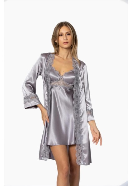 Saten Gecelik Sabahlık Pijama Takım Şort Takım 6'lı Gelin Çeyiz Seti - 6010 Royal