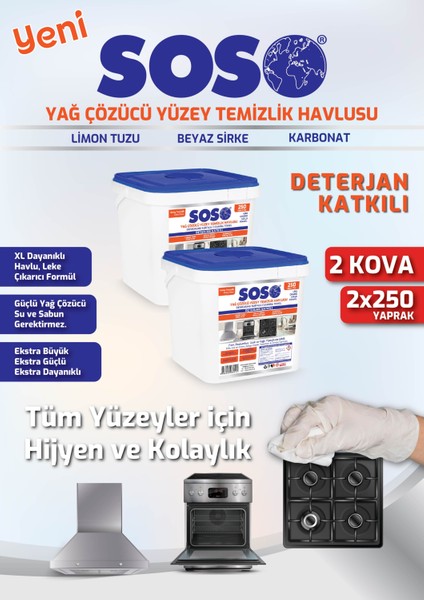2 Adet x 250 Yaprak - Soso Özel Formüllü Kova Yağ Çözücü Yüzey Temizleme Mendili Ynsmr