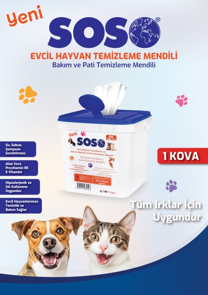1 Adet x 250 Yaprak - Soso Kova Evcil Hayvan Kedi Köpek Pati ve Vücut Temizleme Mendili Ynsmr