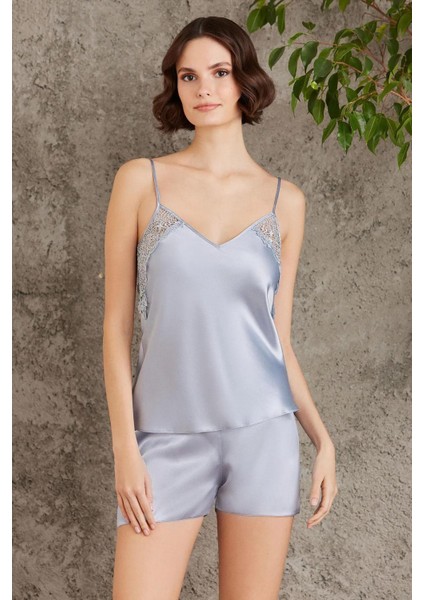 Saten Gecelik Sabahlık Pijama Takım Şort Takım 6'lı Gelin Çeyiz Seti - 6000 Mist