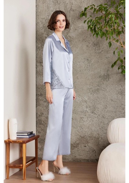 Saten Gecelik Sabahlık Pijama Takım Şort Takım 6'lı Gelin Çeyiz Seti - 6000 Mist