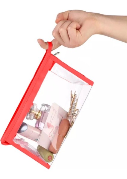Şeffaf Kırmızı Kozmetik ve Makyaj Çantası, Şık ve Kullanışlı Tasarım