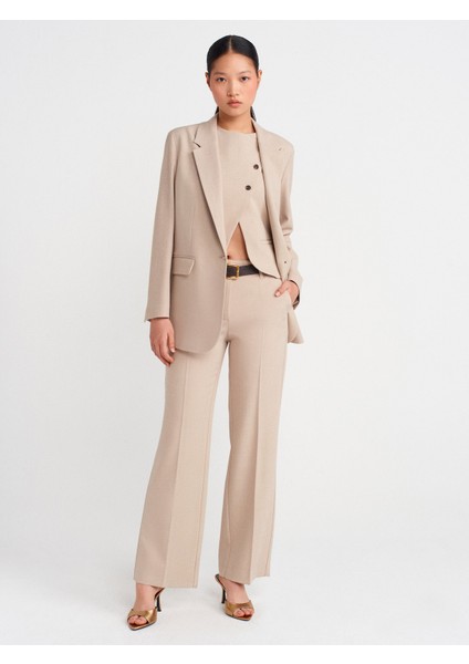 72141 Kemerli ve Dökümlü Dümdüz Fit Pantolon-Taş