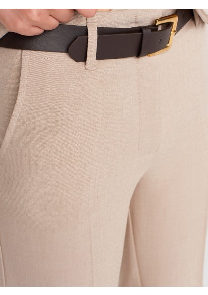 72141 Kemerli ve Dökümlü Dümdüz Fit Pantolon-Taş modelleri