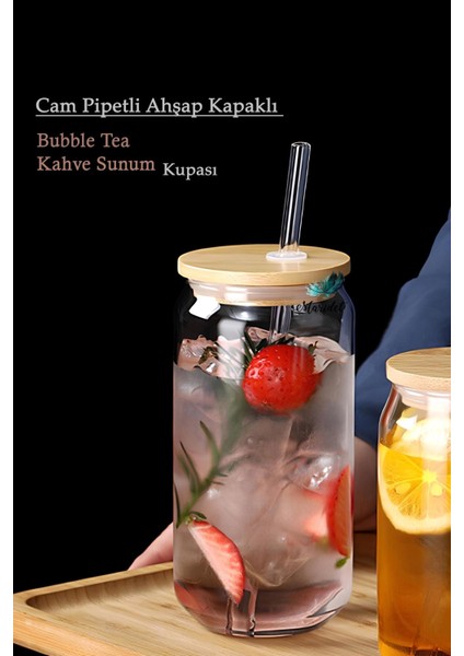 Bambu Kapaklı Pipetli Isıya Dayanıklı Cam Bardak 4’lü Set