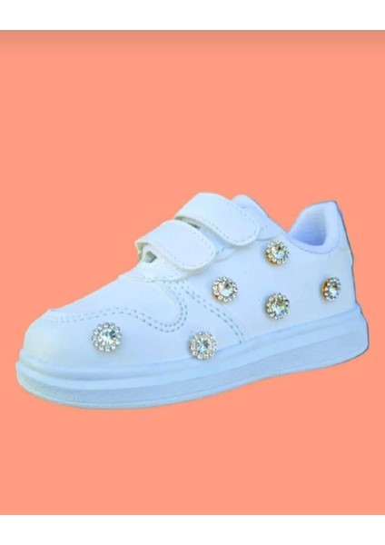 Sarı Kristal Parlak Taşlı Baskılı Çocuk Spor Ayakkabı