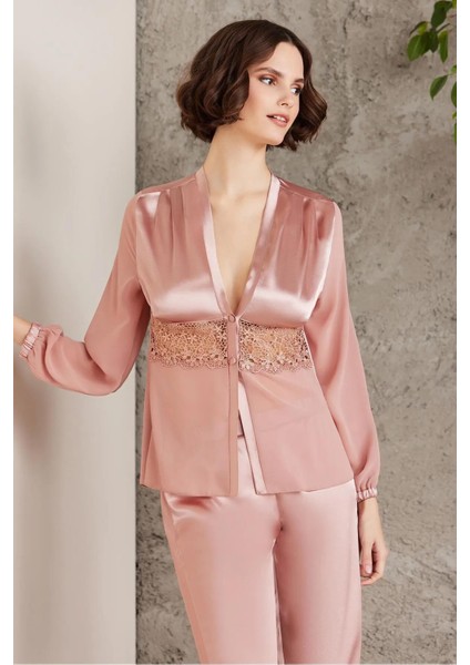 Saten Gecelik Sabahlık Pijama Takım Şort Takım 6'lı Gelin Çeyiz Seti - 6005 Brandy