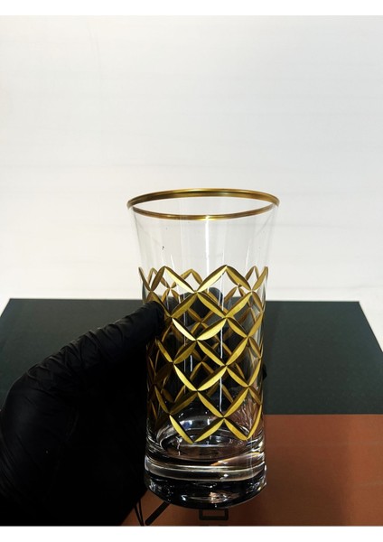 6'lı Altın Renkli Dekorlu Meşrubat ve Su Bardağı Seti