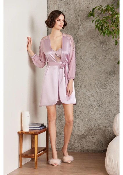 Saten Gecelik Sabahlık Pijama Takım Şort Takım 6'lı Gelin Çeyiz Seti - 6005 Rose