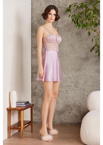 Saten Gecelik Sabahlık Pijama Takım Şort Takım 6'lı Gelin Çeyiz Seti - 6005 Rose