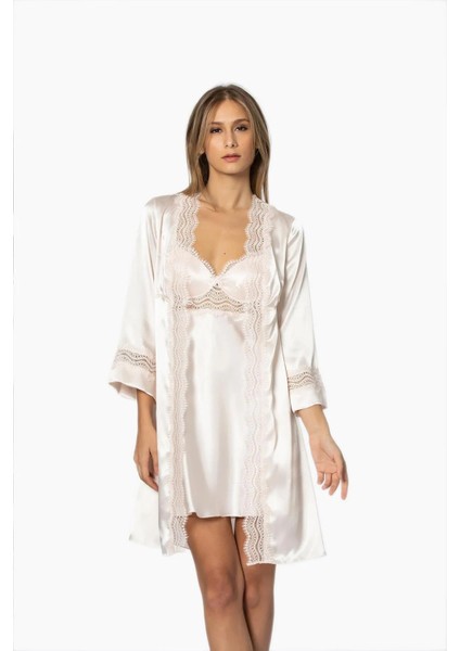 Saten Gecelik Sabahlık Pijama Takım Şort Takım 6'lı Gelin Çeyiz Seti - 6010 Inci