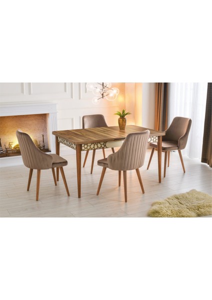 Mdf Masa/ceviz - Krem - Karen Sandalye Açılabilir Masa Takımı