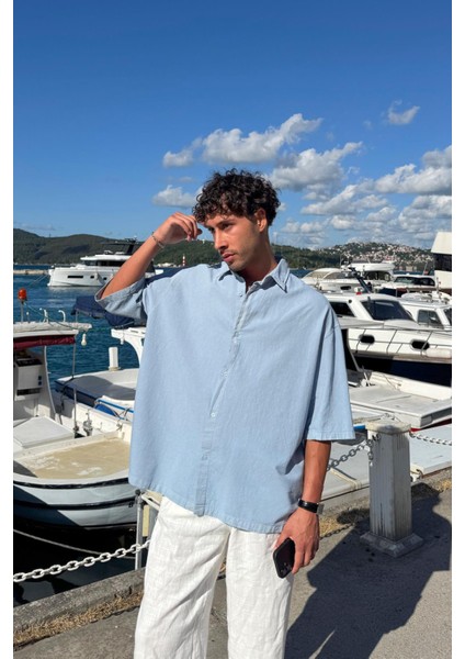 Basic Oversize Kısa Kol Keten Gömlek