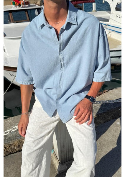 Basic Oversize Kısa Kol Keten Gömlek modelleri