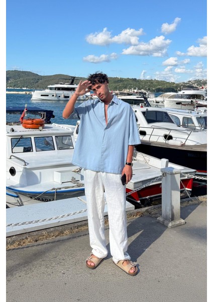 Basic Oversize Kısa Kol Keten Gömlek fırsatları