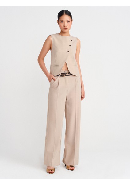 71655 Kemerli Yüksek Bel Pantolon-Taş