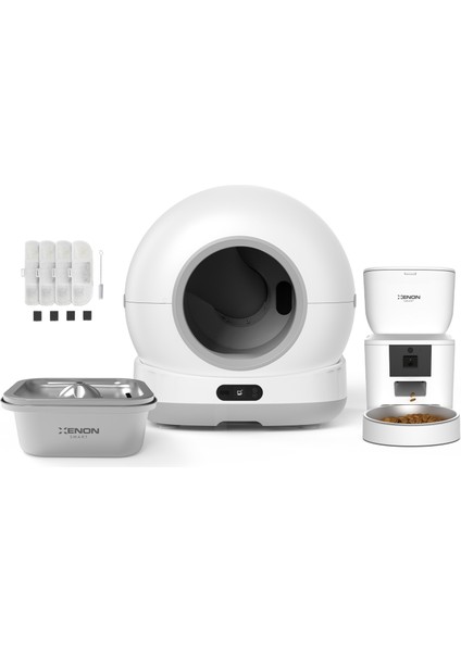 Akıllı Otomatik Kedi Tuvaleti Paslanmaz Çelik Kaseli 4LT Mama Kabı Çelik Hazneli Su Pınarı ve Filtre 4'lü Pet Seti