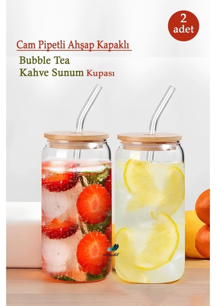 Bambu Kapaklı 550 ml Cam Bardak, Pipetli, Dayanıklı, Şık ve Kullanışlı Set (4 Adet)