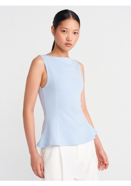 21001 Kayık Yaka Peplum Top-Açık Mavi