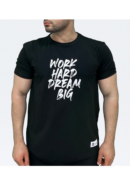 "Work Hard Dream Big" Oversize Siyah Baskılı T-Shirt