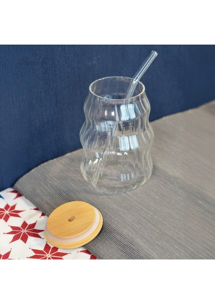 Bambu Kapaklı, Pipetli, Çizgili, Açık Kahverengi ve Şeffaf 450 ml Bardak