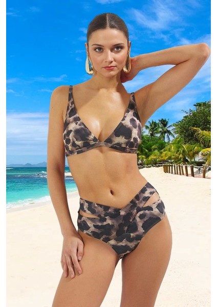 Desenli Üçgen Bikini Takımı Hızlı Kuruyan Özel Tasarım Plaj ve Havuz Için