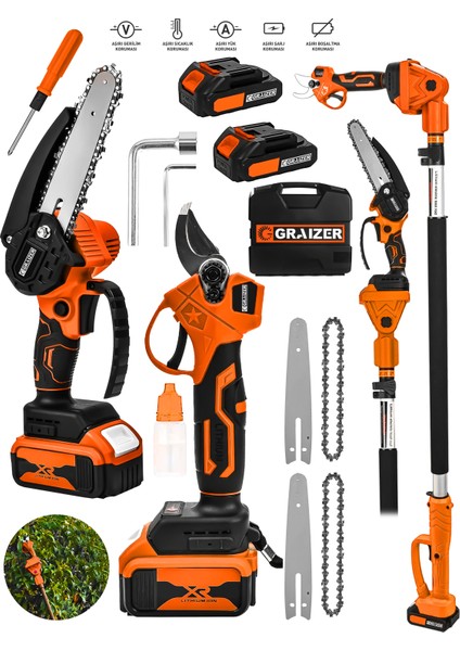 Powerforge 2 Akülü 2'li Set Şarjlı Ağaç Dal Kesme ve Budama Makası Testere Teleskopik Uzatmalı-Trnc