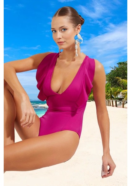 Derin V Yaka Fırfırlı Mayo Klora Dayanıklı Ergonomik Kesim Yüzme Mayosu fiyatları