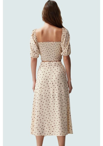 Şık Puantiyeli Viskoz Bluz Etek Takım Fitted Kalıp Yazlık Trend Tasarım Dayanıklı Malzeme modelleri