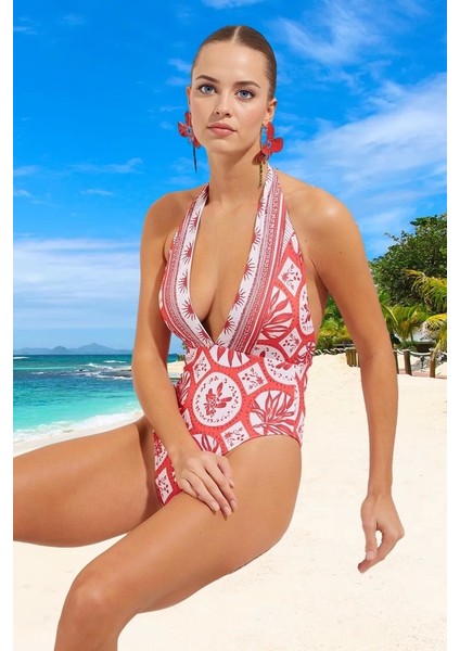 Derin V Yaka Desenli Mayo Deniz Kıyafeti Yüzme Mayosu Hızlı Kuruyan Su Sporları Için