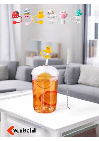 Turuncu Kubbe Kapaklı Cam Bardak Seti, 6mm Pipet Kapağıyla Şık ve Kullanışlı