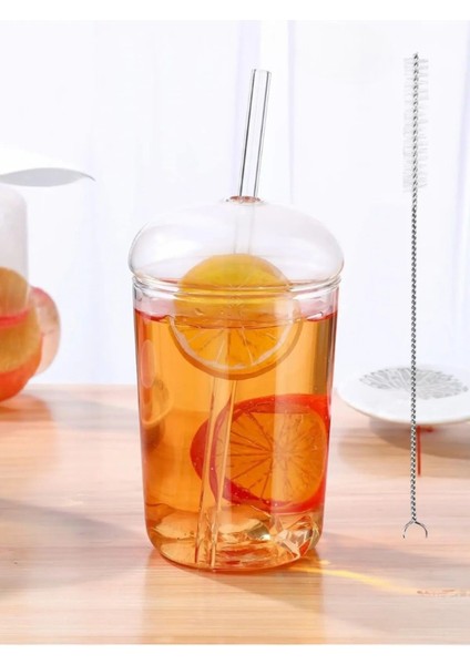 Turuncu Kubbe Kapaklı Cam Bardak Seti, 6mm Pipet Kapağıyla Şık ve Kullanışlı fiyatları