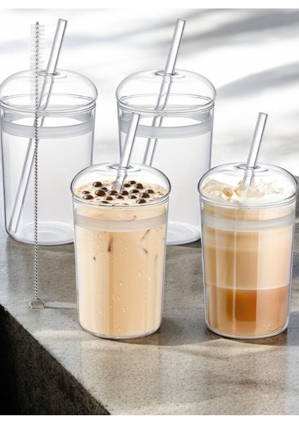 Turuncu Kubbe Kapaklı Cam Bardak Seti, 6mm Pipet Kapağıyla Şık ve Kullanışlı modelleri