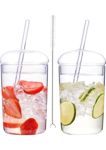 Turuncu Kubbe Kapaklı Cam Bardak Seti, 6mm Pipet Kapağıyla Şık ve Kullanışlı