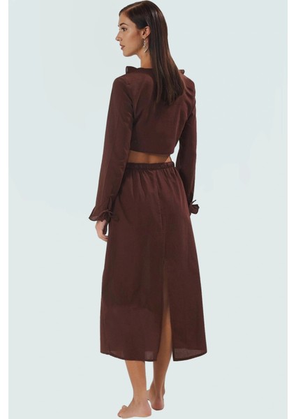 Yazlık Kadın Uzun Kollu Pamuklu Bluz Etek Takım Plaj Modası Profesyonel Görünüm Modern Stil fiyatları