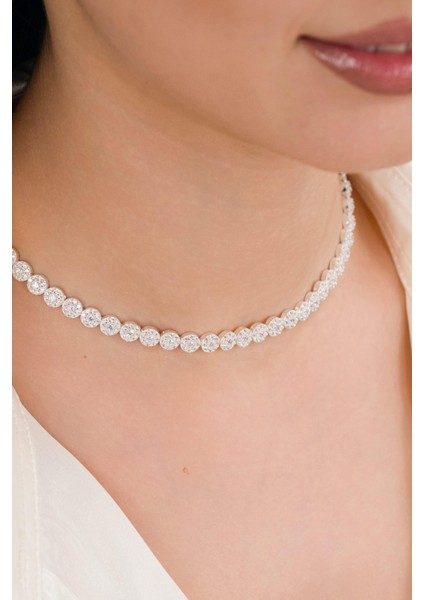 Gümüş Beyaz Zirkon Taşlı Pırlanta Modeli Su Yolu Choker Tasma Kolye modelleri