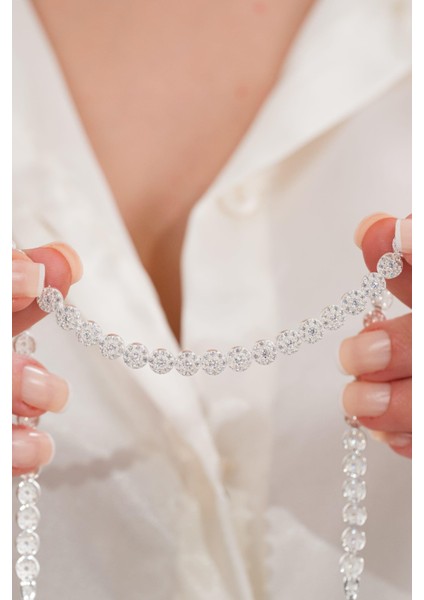 Gümüş Beyaz Zirkon Taşlı Pırlanta Modeli Su Yolu Choker Tasma Kolye fırsatları