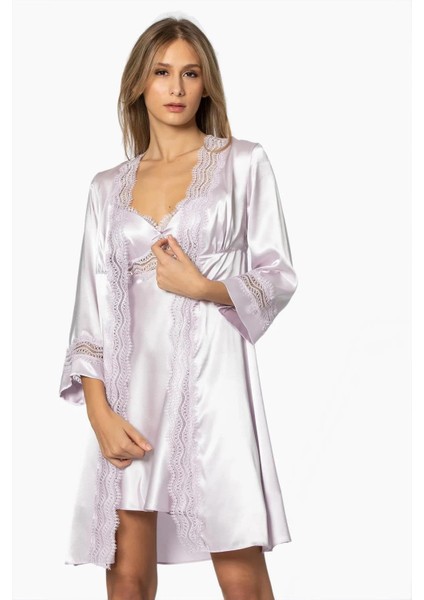 Saten Gecelik Sabahlık Pijama Takım Şort Takım 6'lı Gelin Çeyiz Seti - 6010 Viola