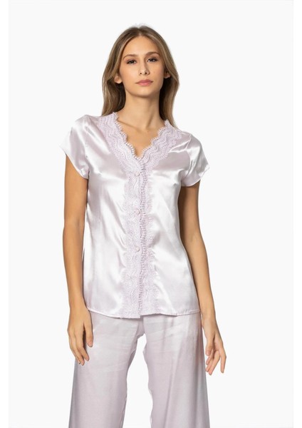 Saten Gecelik Sabahlık Pijama Takım Şort Takım 6'lı Gelin Çeyiz Seti - 6010 Viola