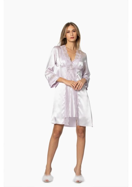Saten Gecelik Sabahlık Pijama Takım Şort Takım 6'lı Gelin Çeyiz Seti - 6010 Viola